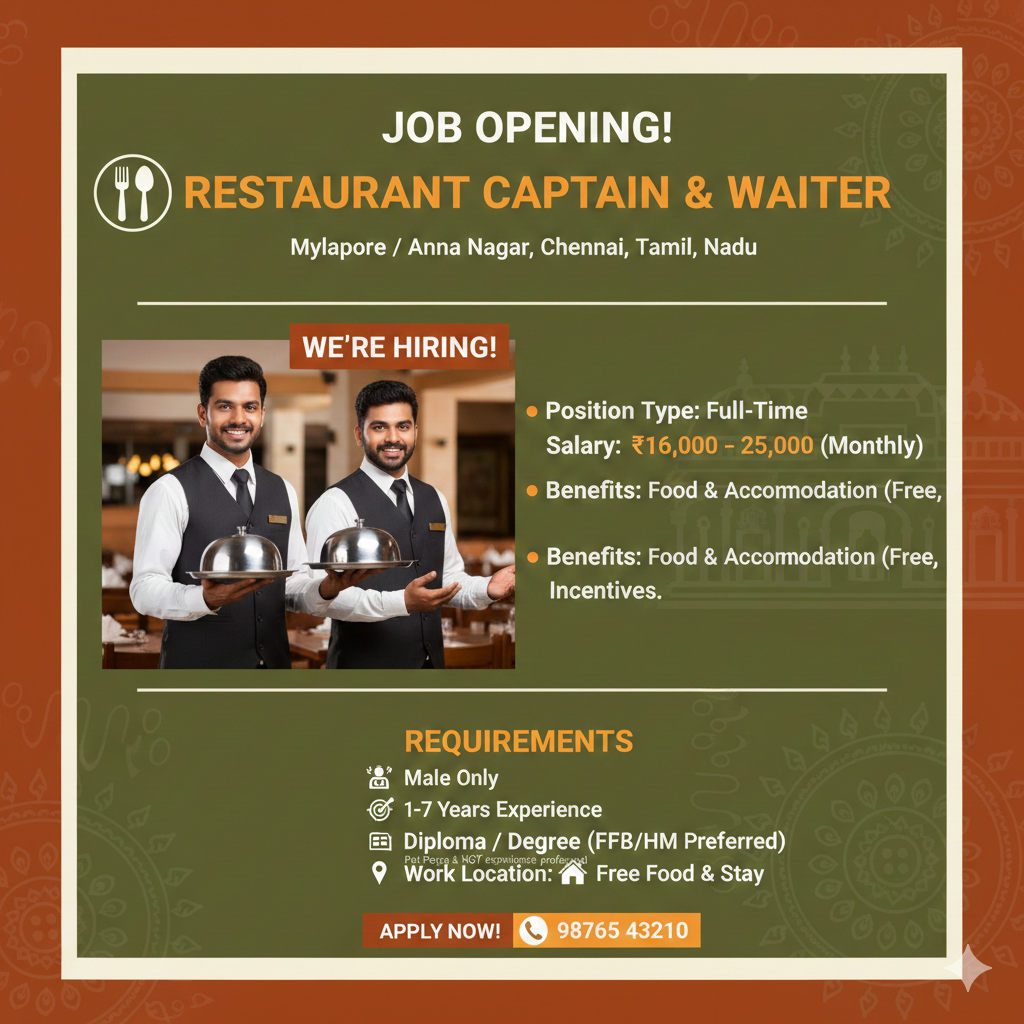 🍽️ Job Opening: Restaurant Captain & Restaurant Waiter