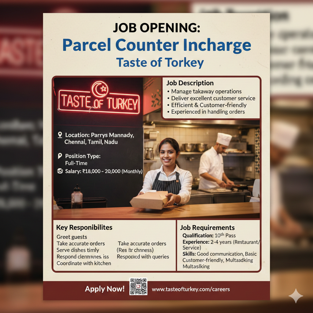 📦 Job Opening: Parcel Counter Incharge – Taste of Turkey