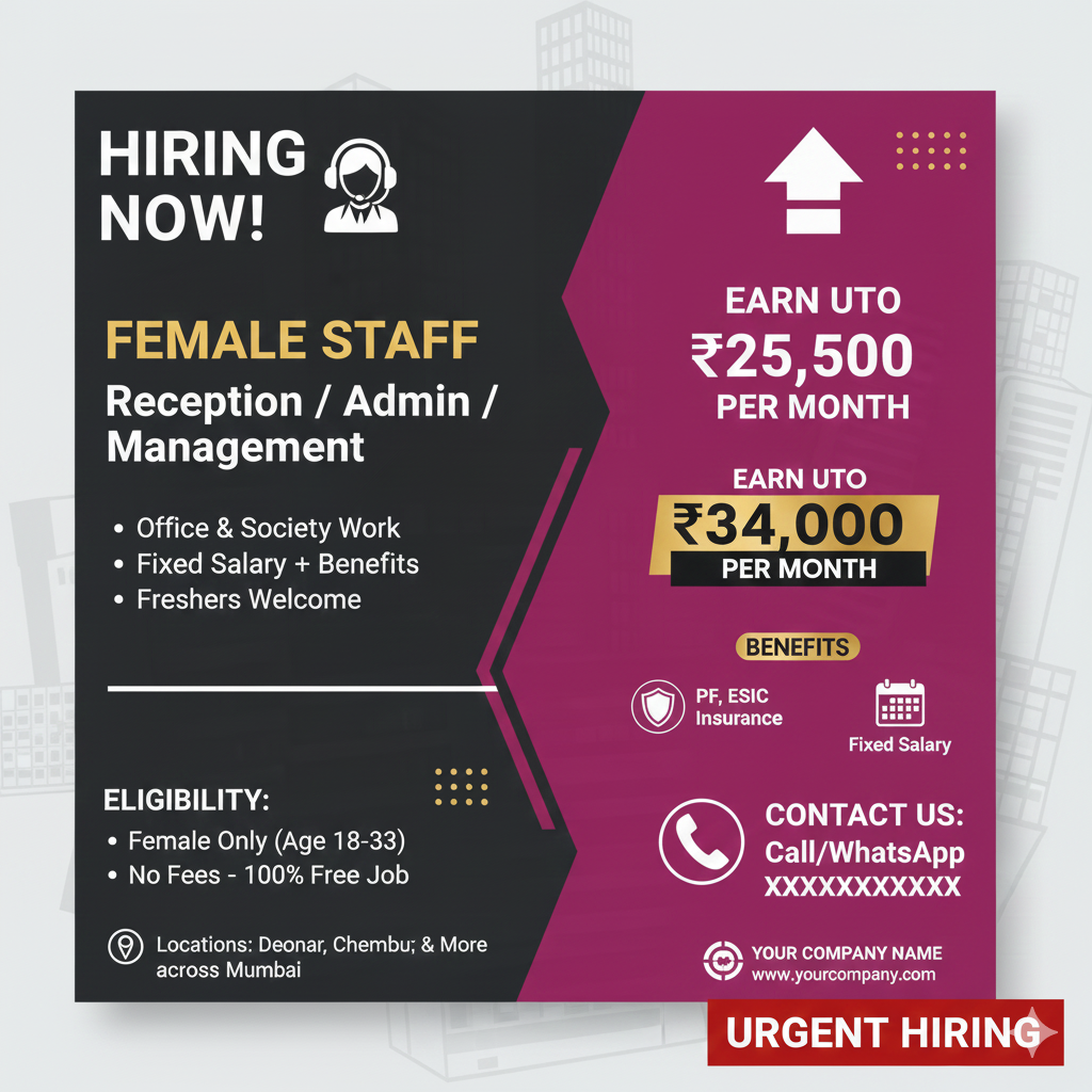 📢 URGENT HIRING: Female Staff for Office & Management Roles