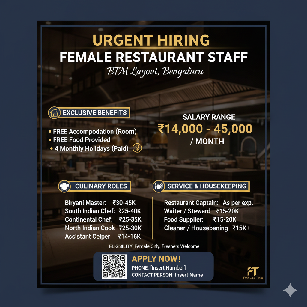 🥘 URGENT HIRING: Female Restaurant Staff