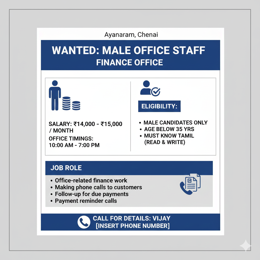 WANTED: MALE OFFICE STAFF (Finance Office)